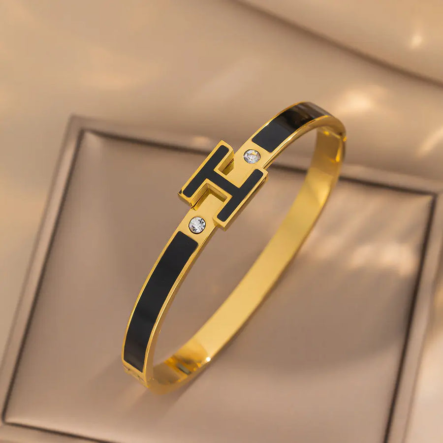Aruary Studio ｜ Artisanal Jewelry Enamel 'H' Cuff Bracelet - Stainless Steel Letter Bracelet Black