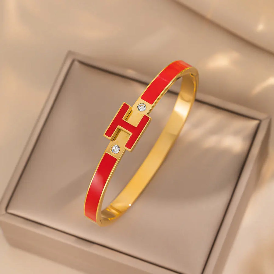 Aruary Studio ｜ Artisanal Jewelry Enamel 'H' Cuff Bracelet - Stainless Steel Letter Bracelet Red