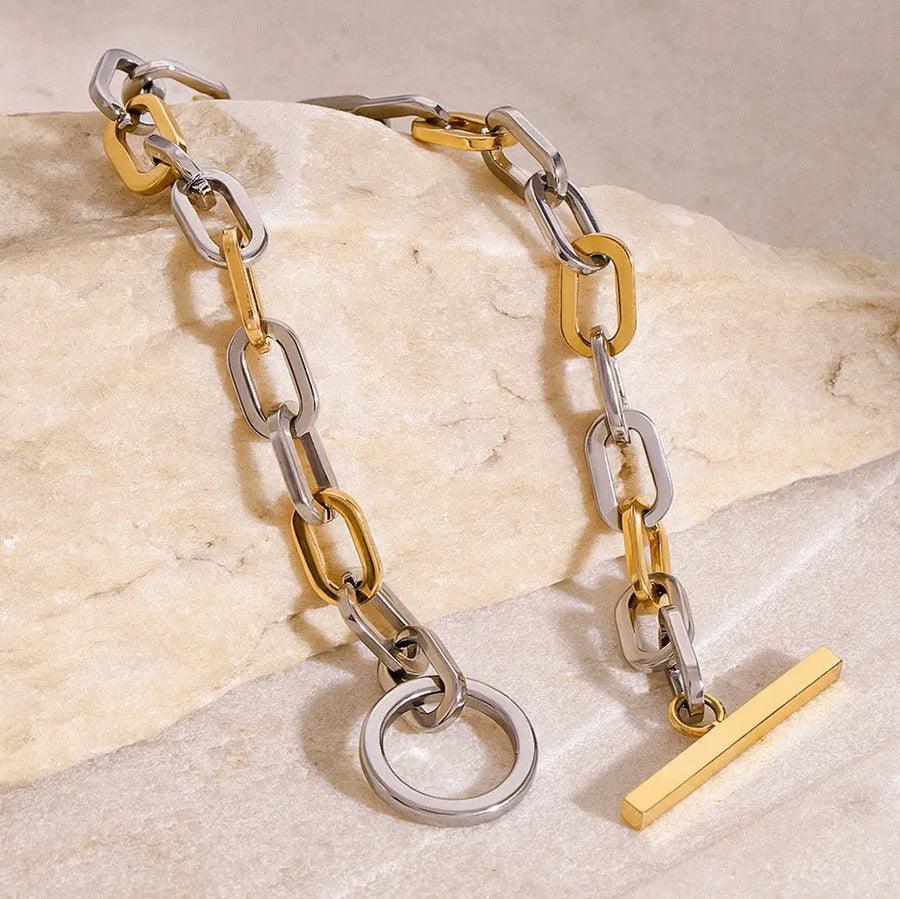 Aruary Studio ｜ Artisanal Jewelry European-American Luxury Two-Tone Chain Bracelet - 18K Gold Plated Stainless Steel, Waterproof & Hypoallergenic