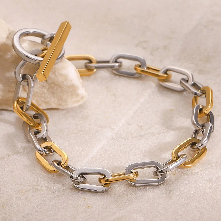 Aruary Studio ｜ Artisanal Jewelry European-American Luxury Two-Tone Chain Bracelet - 18K Gold Plated Stainless Steel, Waterproof & Hypoallergenic