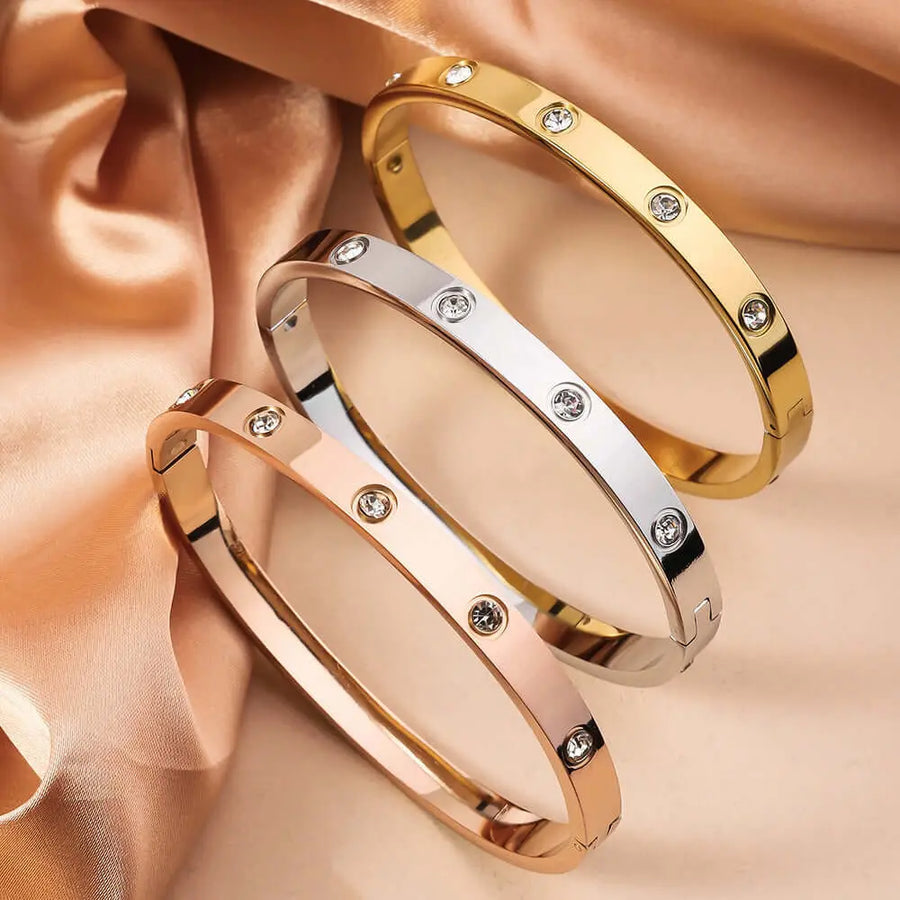 Aruary Studio ｜ Artisanal Jewelry Everlast Water-Safe Bangle | 10 Stone Titanium Steel Bracelet | Fade Proof Gold Jewelry