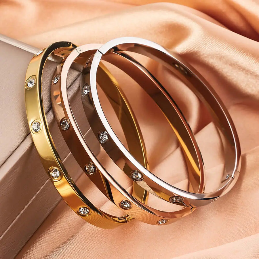 Aruary Studio ｜ Artisanal Jewelry Everlast Water-Safe Bangle | 10 Stone Titanium Steel Bracelet | Fade Proof Gold Jewelry