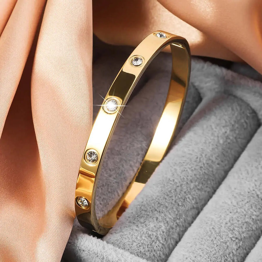 Aruary Studio ｜ Artisanal Jewelry Everlast Water-Safe Bangle | 10 Stone Titanium Steel Bracelet | Fade Proof Gold Jewelry Golden