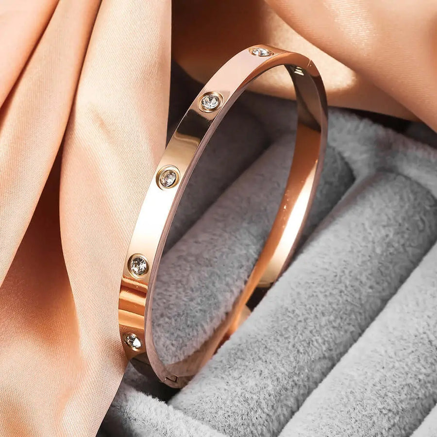 Aruary Studio ｜ Artisanal Jewelry Everlast Water-Safe Bangle | 10 Stone Titanium Steel Bracelet | Fade Proof Gold Jewelry Rose gold
