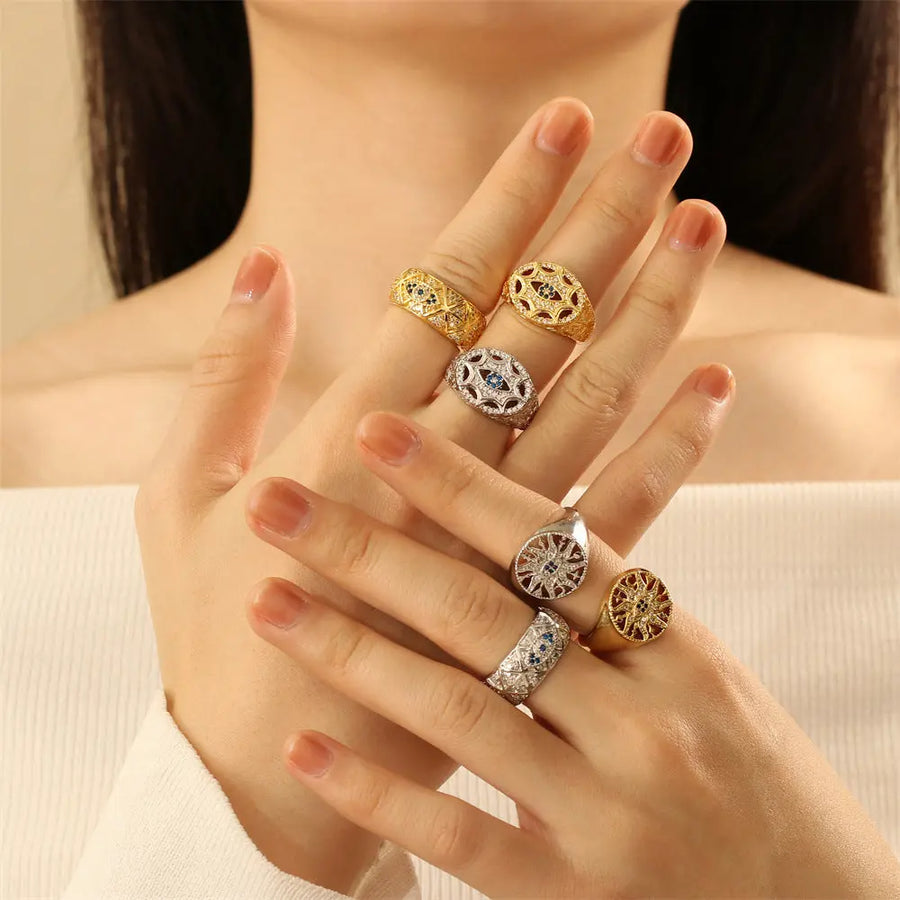 Aruary Studio ｜ Artisanal Jewelry Evil Eye Talisman Ring - 18K Gold Plated Brass Sunburst Ring, Micro-Pavé Zirconia Adjustable Protection Jewelry