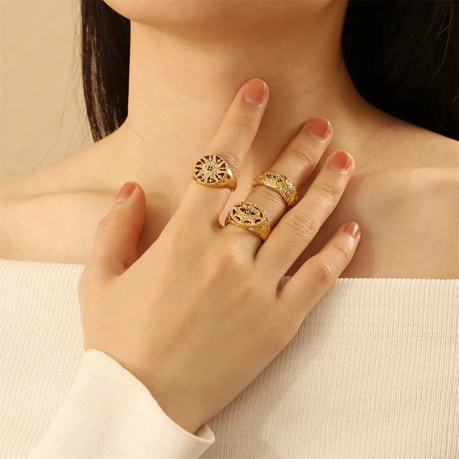 Aruary Studio ｜ Artisanal Jewelry Evil Eye Talisman Ring - 18K Gold Plated Brass Sunburst Ring, Micro-Pavé Zirconia Adjustable Protection Jewelry