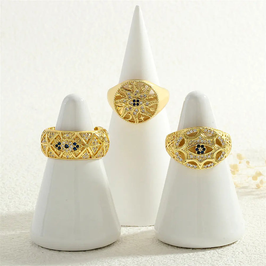 Aruary Studio ｜ Artisanal Jewelry Evil Eye Talisman Ring - 18K Gold Plated Brass Sunburst Ring, Micro-Pavé Zirconia Adjustable Protection Jewelry
