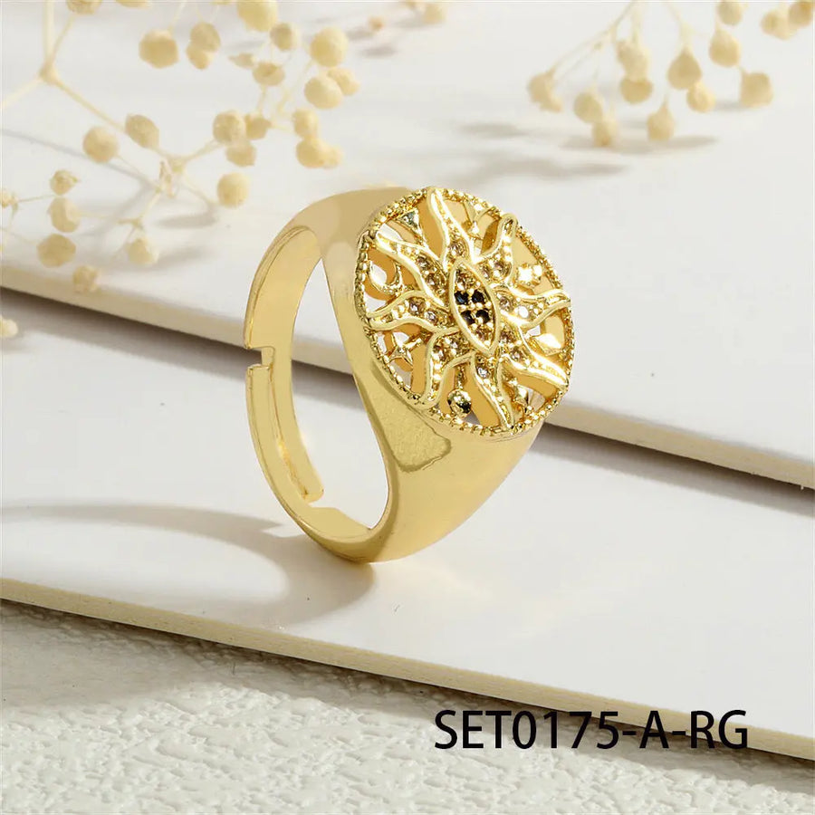 Aruary Studio ｜ Artisanal Jewelry Evil Eye Talisman Ring - 18K Gold Plated Brass Sunburst Ring, Micro-Pavé Zirconia Adjustable Protection Jewelry A Golden
