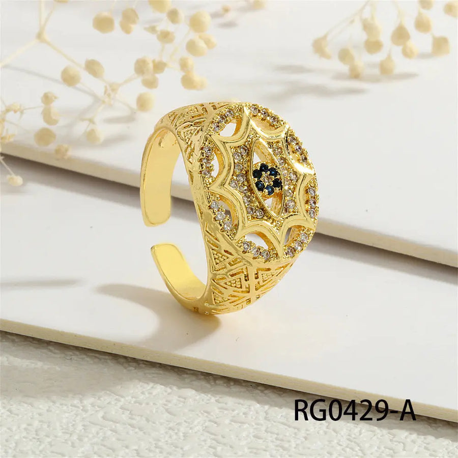 Aruary Studio ｜ Artisanal Jewelry Evil Eye Talisman Ring - 18K Gold Plated Brass Sunburst Ring, Micro-Pavé Zirconia Adjustable Protection Jewelry B Golden