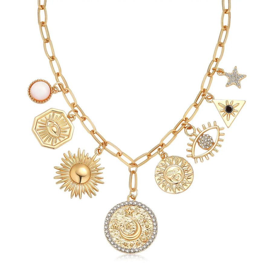 Aruary Studio ｜ Artisanal Jewelry Eye & Sun Moon Coin Pendant Necklace - Minimalist Everyday Jewelry J