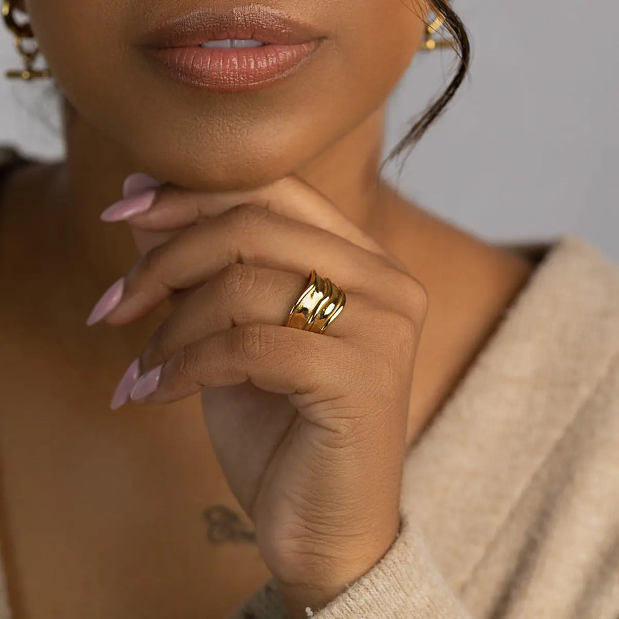 Aruary Studio ｜ Artisanal Jewelry Fluid Titanium Ring - 18K Gold Matte Band | Tarnish-Free Stackable Ring for Women