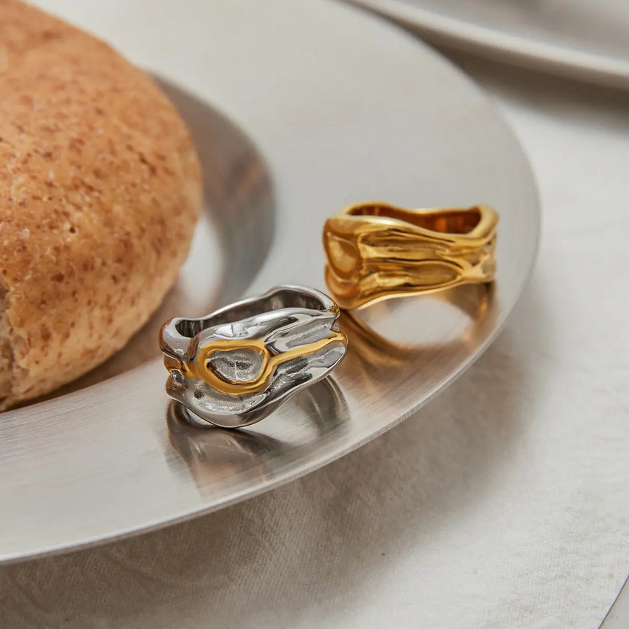Aruary Studio ｜ Artisanal Jewelry Fluid Titanium Ring - 18K Gold Matte Band | Tarnish-Free Stackable Ring for Women