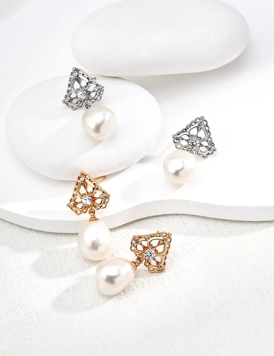 Aruary Studio ｜ Artisanal Jewelry French Baroque Pearl Earrings - 18K Gold Plated S925 Sterling Silver, Vintage-inspired Luxury Studs with Zircon