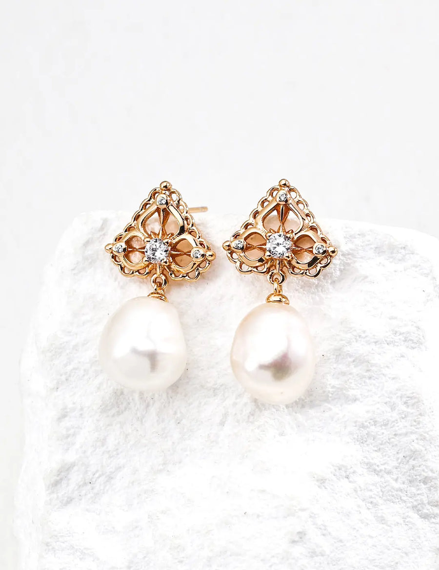 Aruary Studio ｜ Artisanal Jewelry French Baroque Pearl Earrings - 18K Gold Plated S925 Sterling Silver, Vintage-inspired Luxury Studs with Zircon Golden