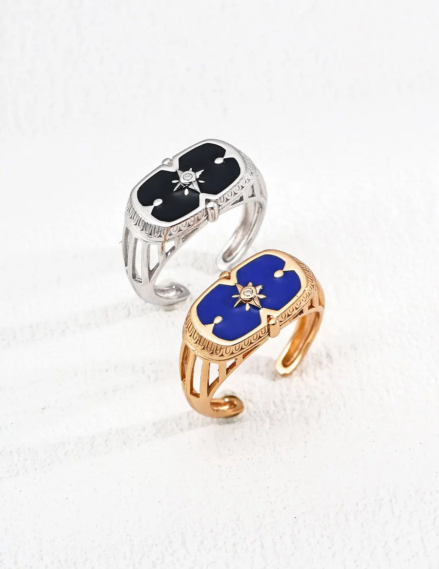 Aruary Studio ｜ Artisanal Jewelry French Court Style Square Enamel Ring - Starry Cloisonné in Sapphire/Midnight | Sterling Silver & 18K Gold | Adjustable Size | Free Shipping