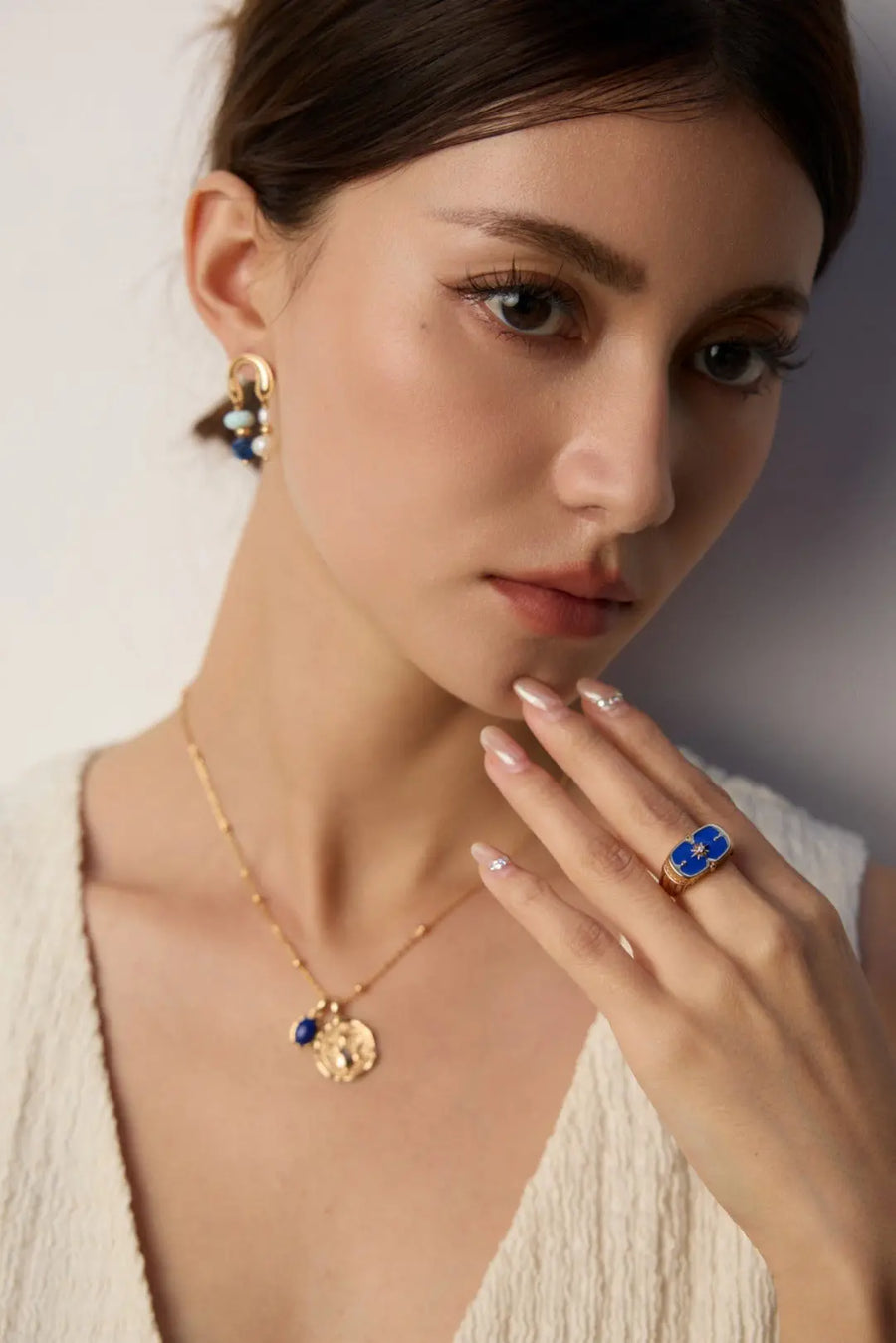 Aruary Studio ｜ Artisanal Jewelry French Court Style Square Enamel Ring - Starry Cloisonné in Sapphire/Midnight | Sterling Silver & 18K Gold | Adjustable Size | Free Shipping