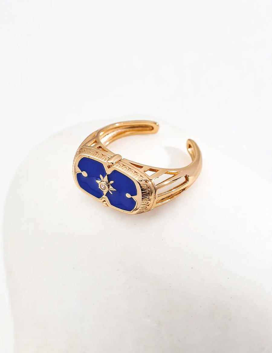Aruary Studio ｜ Artisanal Jewelry French Court Style Square Enamel Ring - Starry Cloisonné in Sapphire/Midnight | Sterling Silver & 18K Gold | Adjustable Size | Free Shipping Golden