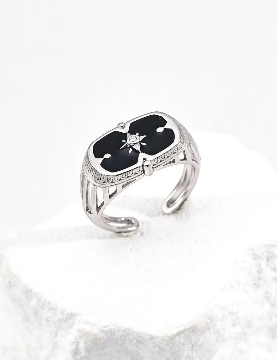 Aruary Studio ｜ Artisanal Jewelry French Court Style Square Enamel Ring - Starry Cloisonné in Sapphire/Midnight | Sterling Silver & 18K Gold | Adjustable Size | Free Shipping Silvery