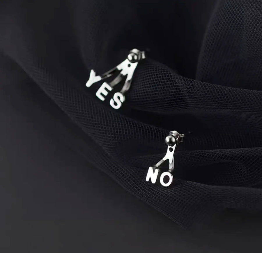 Aruary Studio ｜ Artisanal Jewelry YES NO Asymmetric Sterling Silver Stud Earrings | 925 Silver Minimalist Letter Earrings | Playful Contrast Everyday Jewelry
