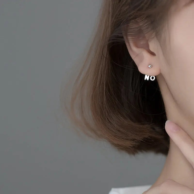 Aruary Studio ｜ Artisanal Jewelry YES NO Asymmetric Sterling Silver Stud Earrings | 925 Silver Minimalist Letter Earrings | Playful Contrast Everyday Jewelry