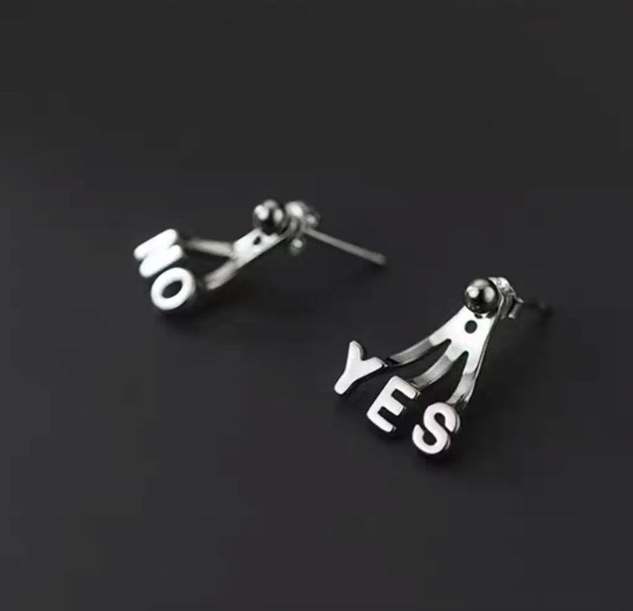 Aruary Studio ｜ Artisanal Jewelry YES NO Asymmetric Sterling Silver Stud Earrings | 925 Silver Minimalist Letter Earrings | Playful Contrast Everyday Jewelry