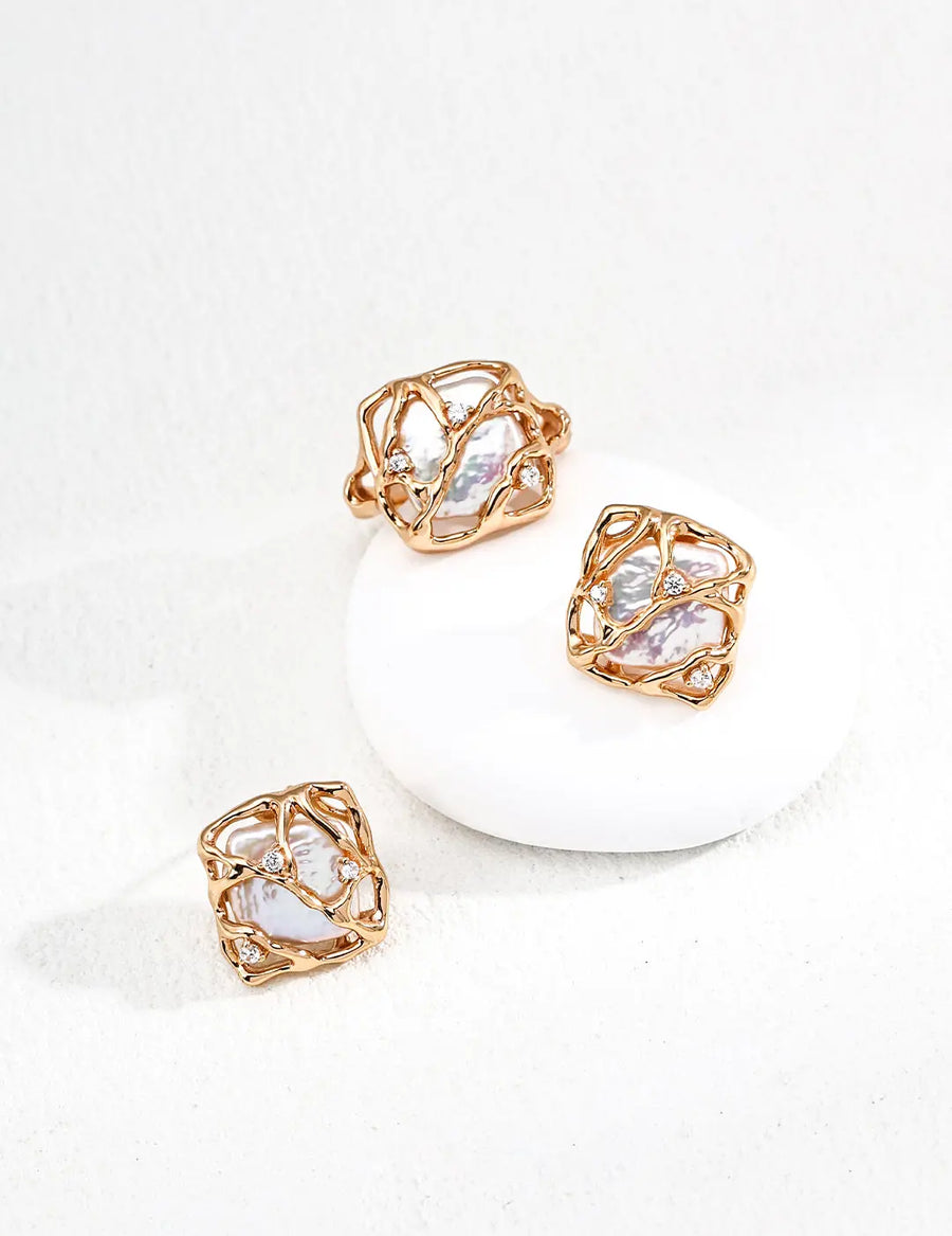 Aruary Studio ｜ Artisanal Jewelry Geometric Baroque Pearl Studs - S925 Gold Plated Earrings, Artisan Square Shape Pearl & Zircon, Vintage Luxury