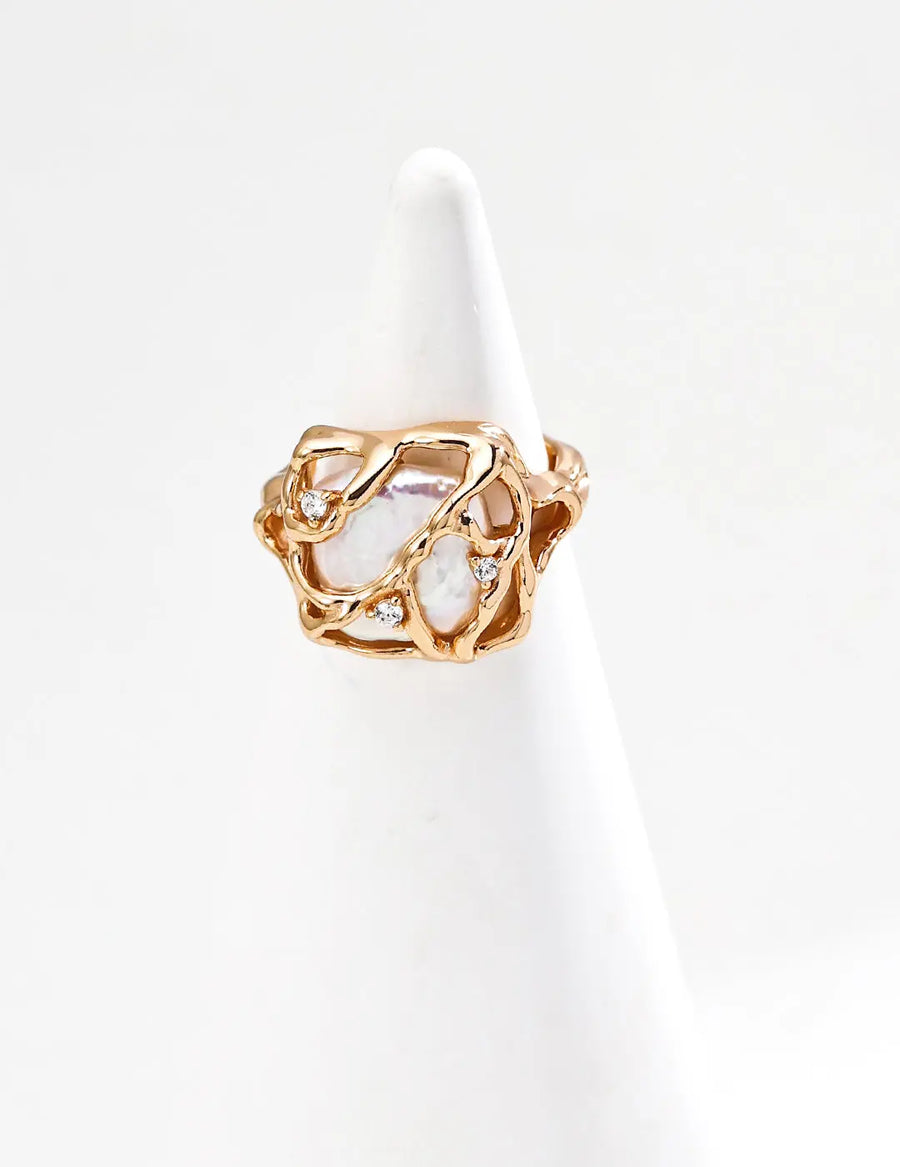 Aruary Studio ｜ Artisanal Jewelry Geometric Baroque Pearl Studs - S925 Gold Plated Earrings, Artisan Square Shape Pearl & Zircon, Vintage Luxury RING Golden