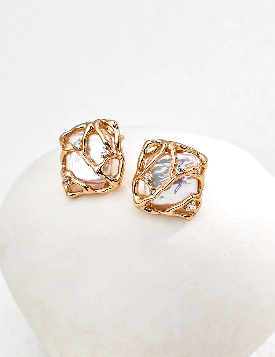 Aruary Studio ｜ Artisanal Jewelry Geometric Baroque Pearl Studs - S925 Gold Plated Earrings, Artisan Square Shape Pearl & Zircon, Vintage Luxury EARRINGS Golden