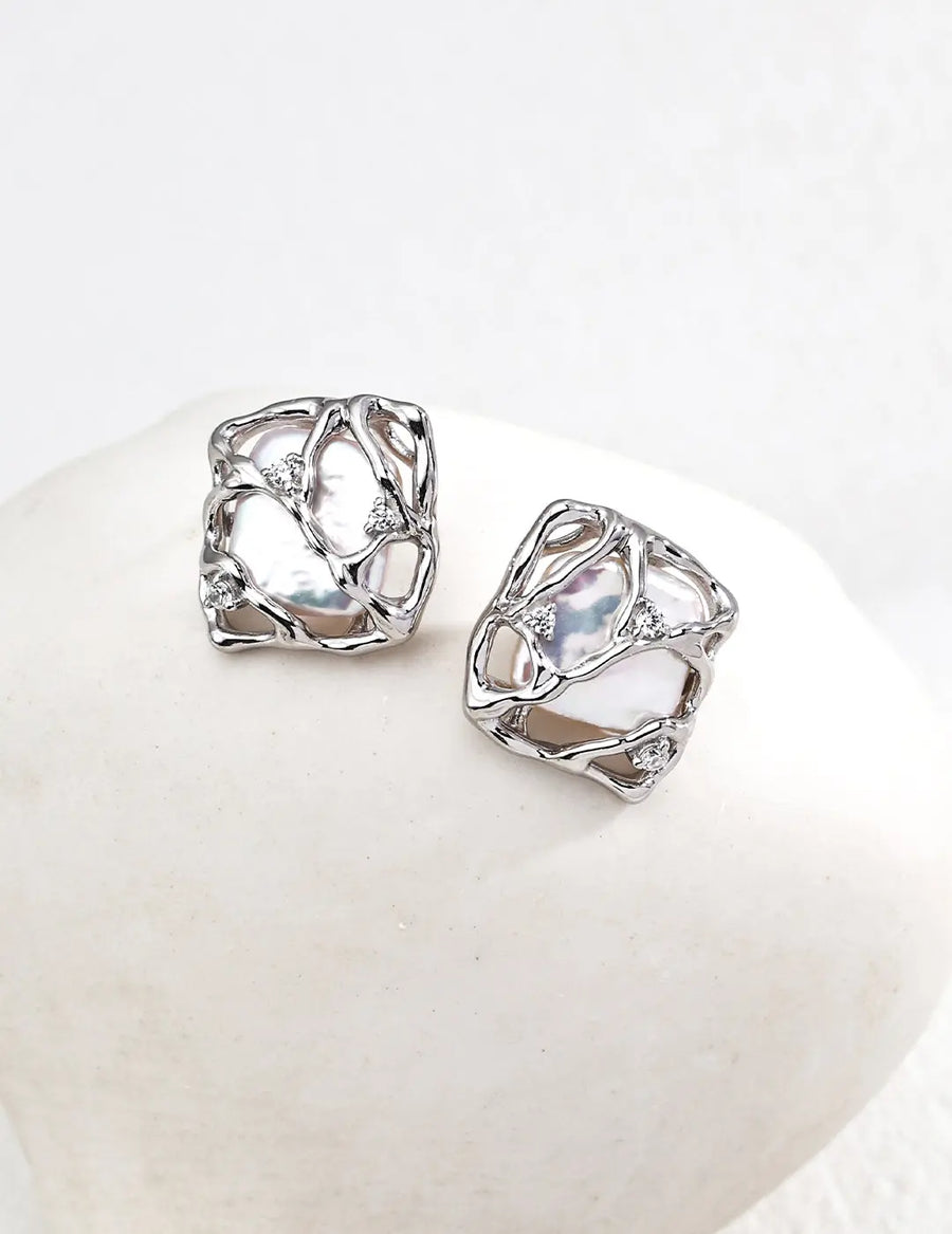 Aruary Studio ｜ Artisanal Jewelry Geometric Baroque Pearl Studs - S925 Gold Plated Earrings, Artisan Square Shape Pearl & Zircon, Vintage Luxury EARRINGS Silvery