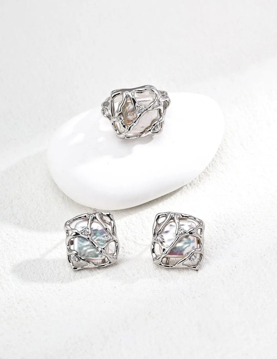Aruary Studio ｜ Artisanal Jewelry Geometric Baroque Pearl Studs - S925 Gold Plated Earrings, Artisan Square Shape Pearl & Zircon, Vintage Luxury