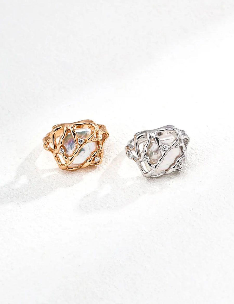 Aruary Studio ｜ Artisanal Jewelry Geometric Baroque Pearl Studs - S925 Gold Plated Earrings, Artisan Square Shape Pearl & Zircon, Vintage Luxury