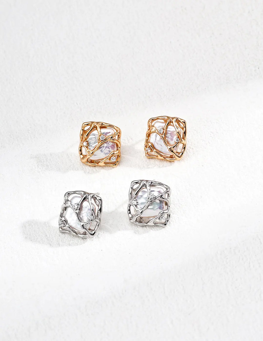 Aruary Studio ｜ Artisanal Jewelry Geometric Baroque Pearl Studs - S925 Gold Plated Earrings, Artisan Square Shape Pearl & Zircon, Vintage Luxury