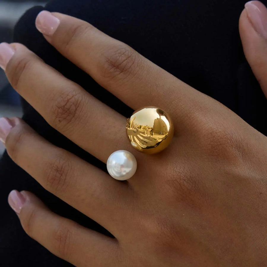 Aruary Studio ｜ Artisanal Jewelry Geometric Pearl Statement Ring | Titanium Steel & Simulated Pearl | Water-Resistant Minimalist Jewelry