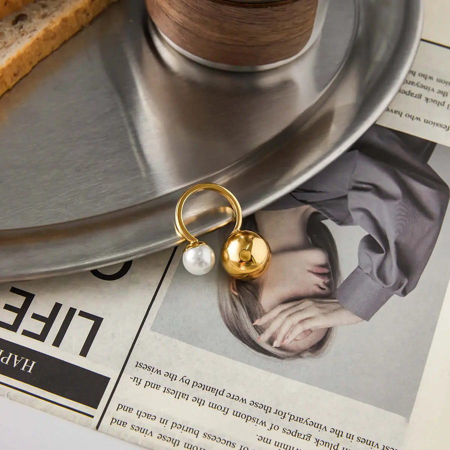 Aruary Studio ｜ Artisanal Jewelry Geometric Pearl Statement Ring | Titanium Steel & Simulated Pearl | Water-Resistant Minimalist Jewelry