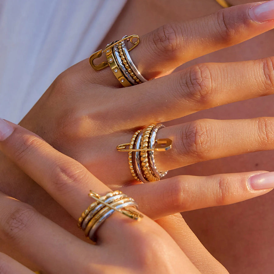 My Store Geometric Stackable Stainless Steel Rings Set - Tarnish-Free Electroplated Finish, Minimalist Layered Jewelry for Women