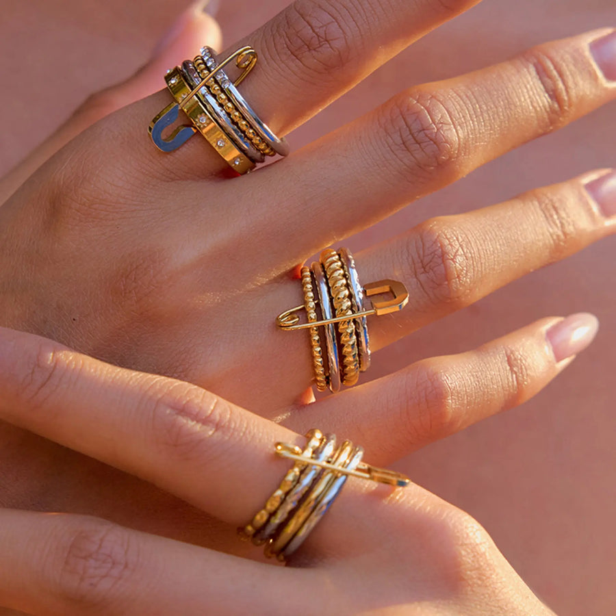 My Store Geometric Stackable Stainless Steel Rings Set - Tarnish-Free Electroplated Finish, Minimalist Layered Jewelry for Women