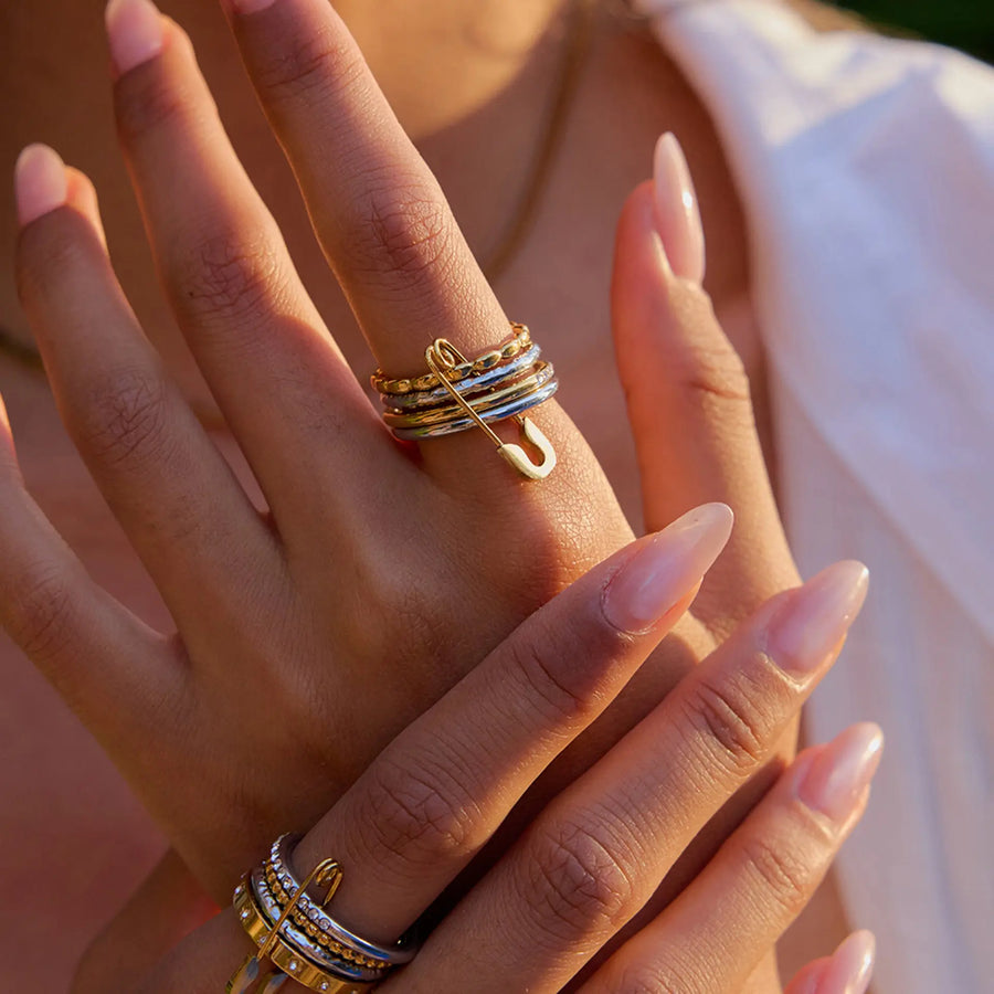 My Store Geometric Stackable Stainless Steel Rings Set - Tarnish-Free Electroplated Finish, Minimalist Layered Jewelry for Women