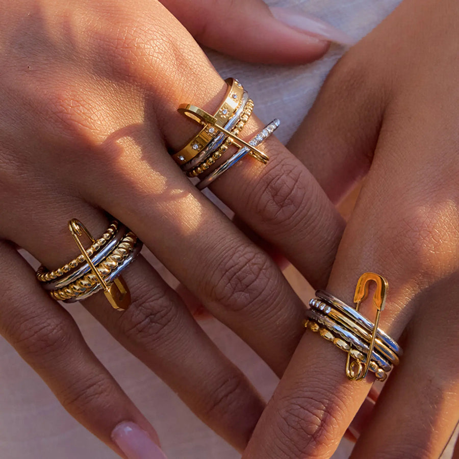 My Store Geometric Stackable Stainless Steel Rings Set - Tarnish-Free Electroplated Finish, Minimalist Layered Jewelry for Women