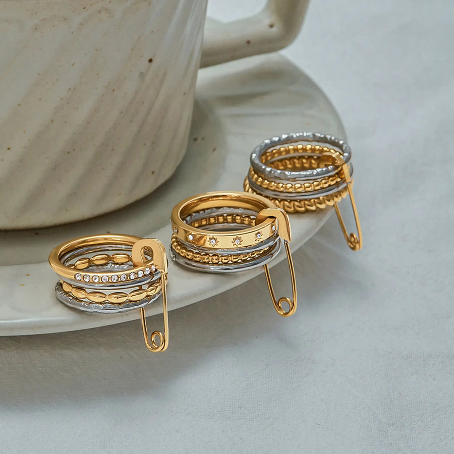 My Store Geometric Stackable Stainless Steel Rings Set - Tarnish-Free Electroplated Finish, Minimalist Layered Jewelry for Women