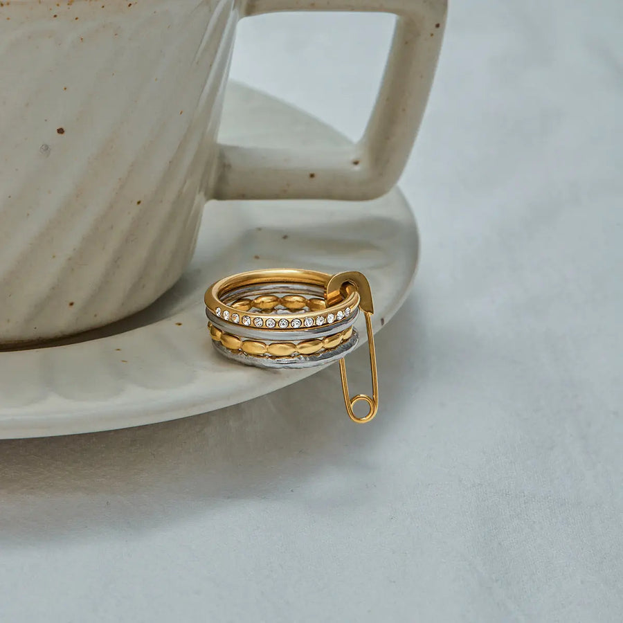 My Store Geometric Stackable Stainless Steel Rings Set - Tarnish-Free Electroplated Finish, Minimalist Layered Jewelry for Women