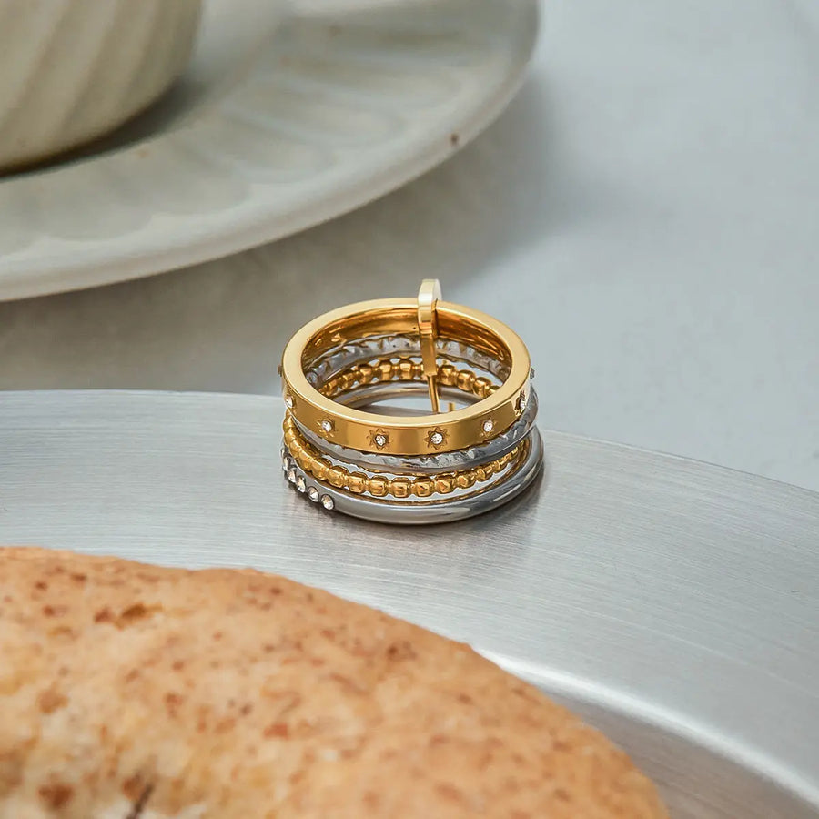 My Store Geometric Stackable Stainless Steel Rings Set - Tarnish-Free Electroplated Finish, Minimalist Layered Jewelry for Women