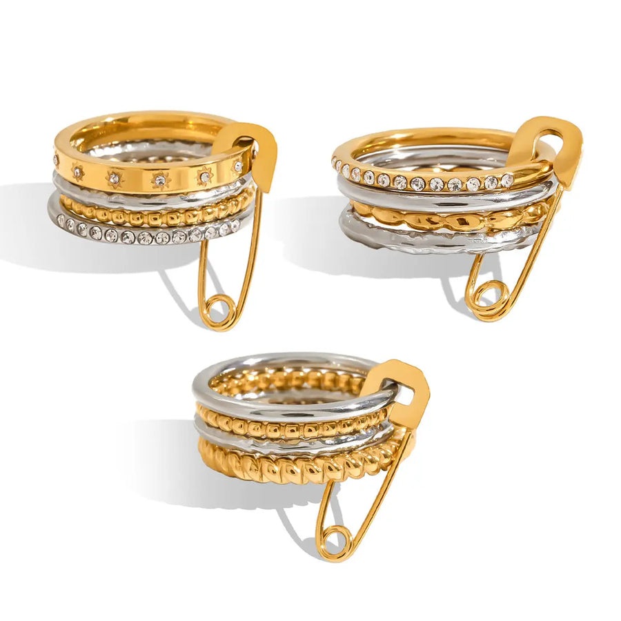 My Store Geometric Stackable Stainless Steel Rings Set - Tarnish-Free Electroplated Finish, Minimalist Layered Jewelry for Women