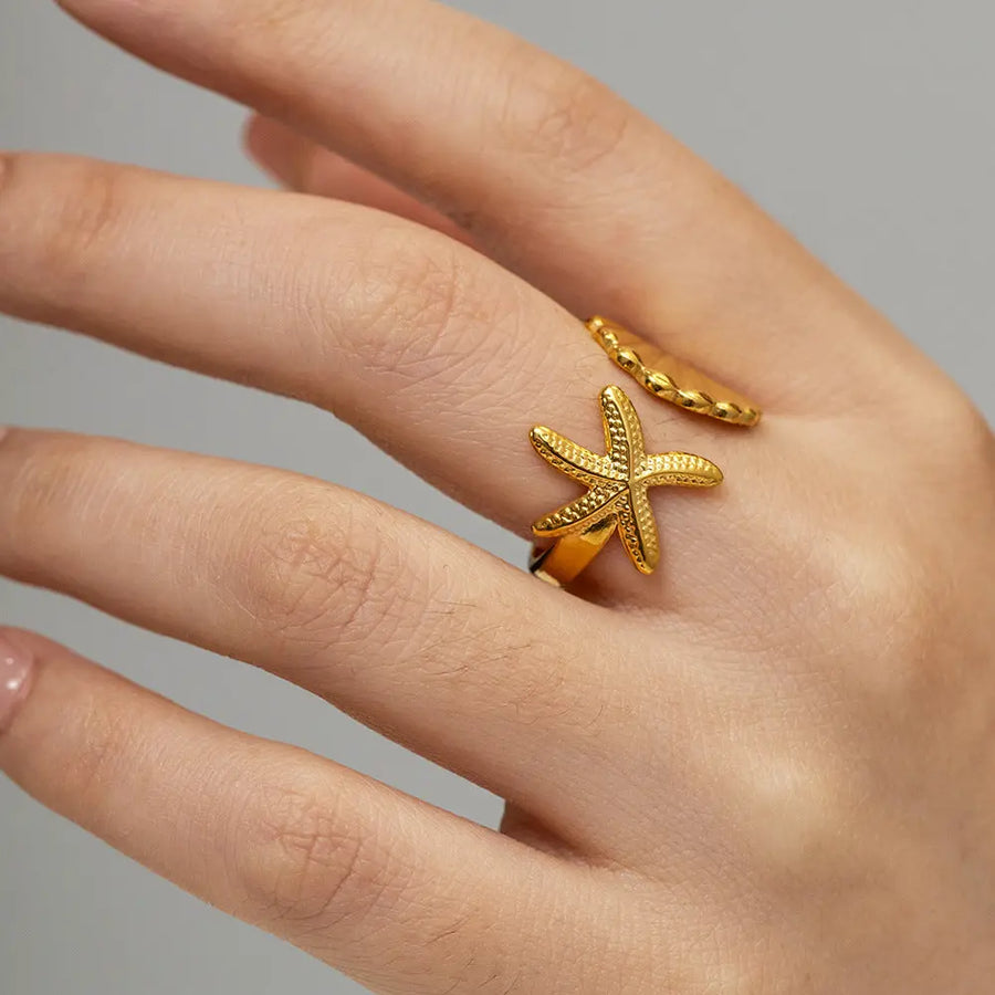 My Store Gold Shell & Starfish Open Ring - 925 Sterling Silver | Beach Vacation Jewelry | Adjustable Band