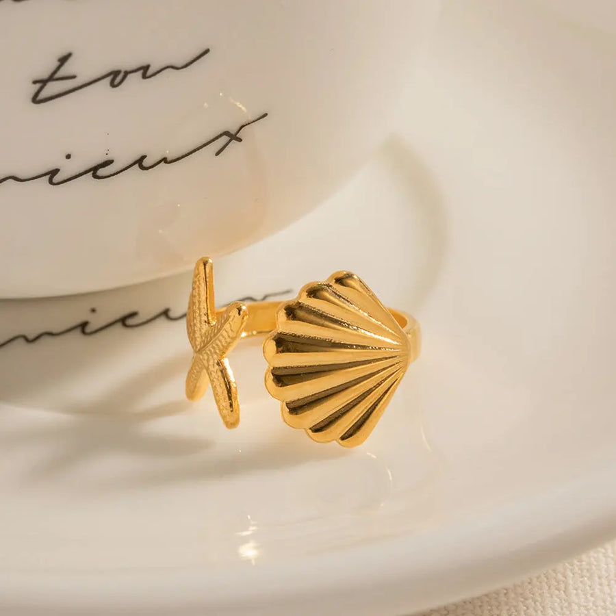 My Store Gold Shell & Starfish Open Ring - 925 Sterling Silver | Beach Vacation Jewelry | Adjustable Band