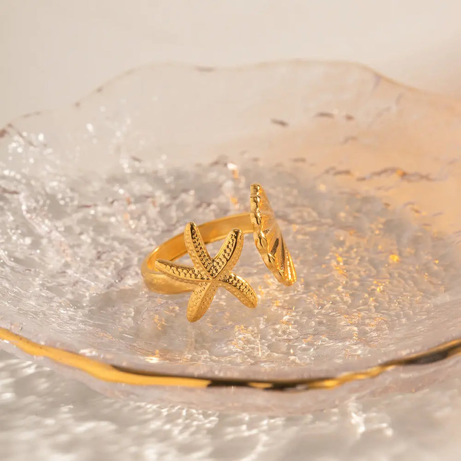 My Store Gold Shell & Starfish Open Ring - 925 Sterling Silver | Beach Vacation Jewelry | Adjustable Band