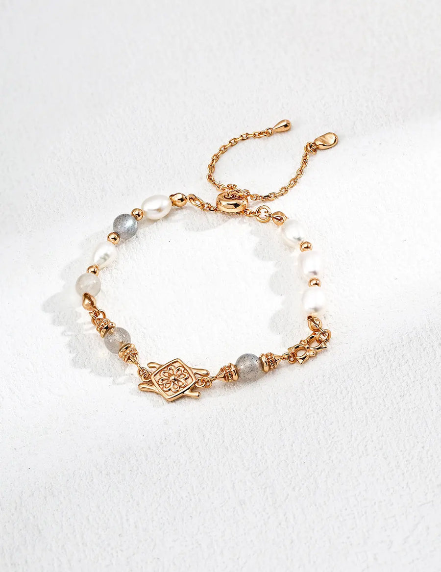 Aruary Studio ｜ Artisanal Jewelry Gray Moonstone Pearl Bracelet - S925 Sterling Silver 18K Gold Plated, Ethereal Healing Crystal & Mother-of-Pearl Jewelry