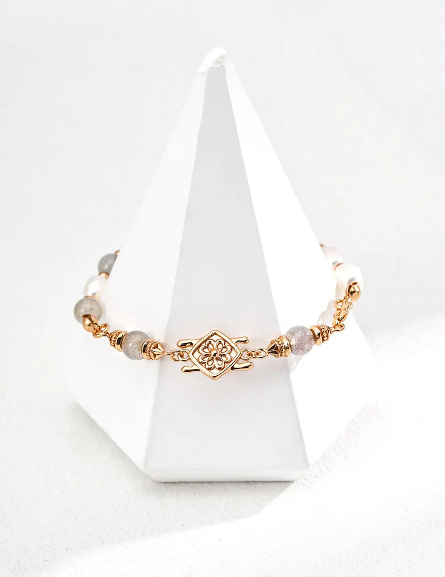 Aruary Studio ｜ Artisanal Jewelry Gray Moonstone Pearl Bracelet - S925 Sterling Silver 18K Gold Plated, Ethereal Healing Crystal & Mother-of-Pearl Jewelry