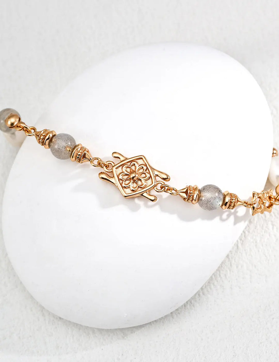 Aruary Studio ｜ Artisanal Jewelry Gray Moonstone Pearl Bracelet - S925 Sterling Silver 18K Gold Plated, Ethereal Healing Crystal & Mother-of-Pearl Jewelry