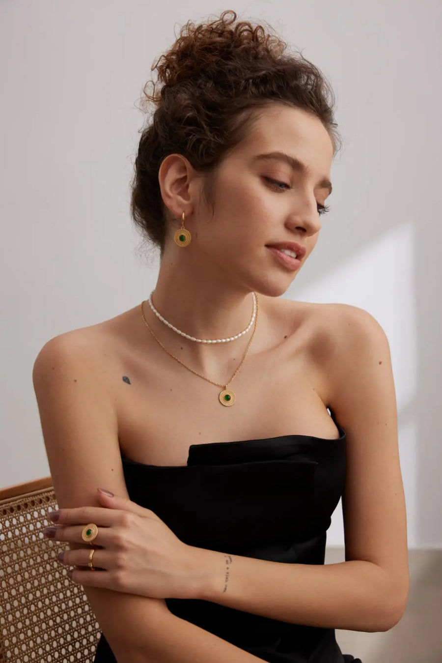 My Store Hand-Braided Chalcedony Jewelry Set - AG925 Gold Plated Necklace & Bracelet, Bohemian Gemstone Stack (40+6cm)