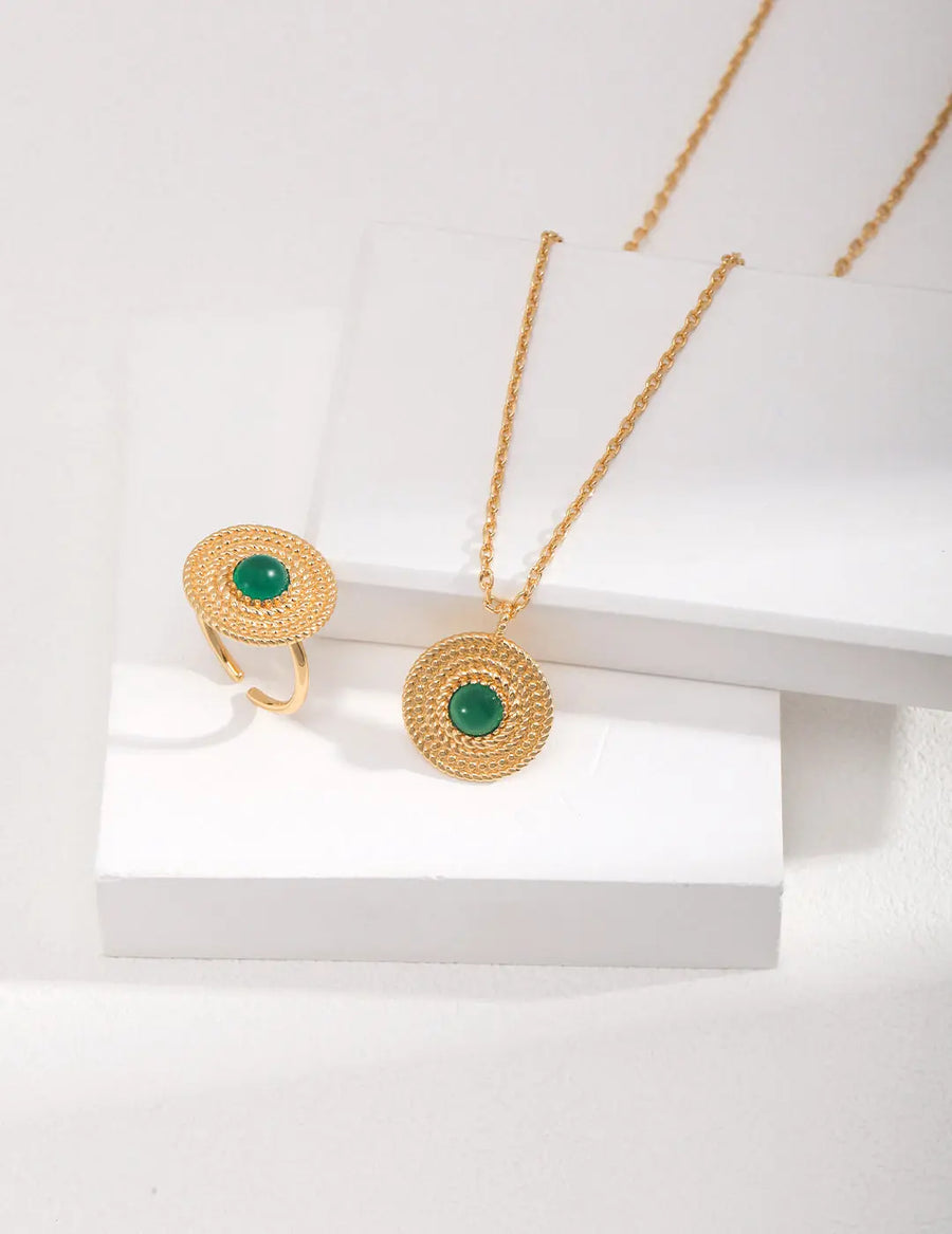 My Store Hand-Braided Chalcedony Jewelry Set - AG925 Gold Plated Necklace & Bracelet, Bohemian Gemstone Stack (40+6cm)